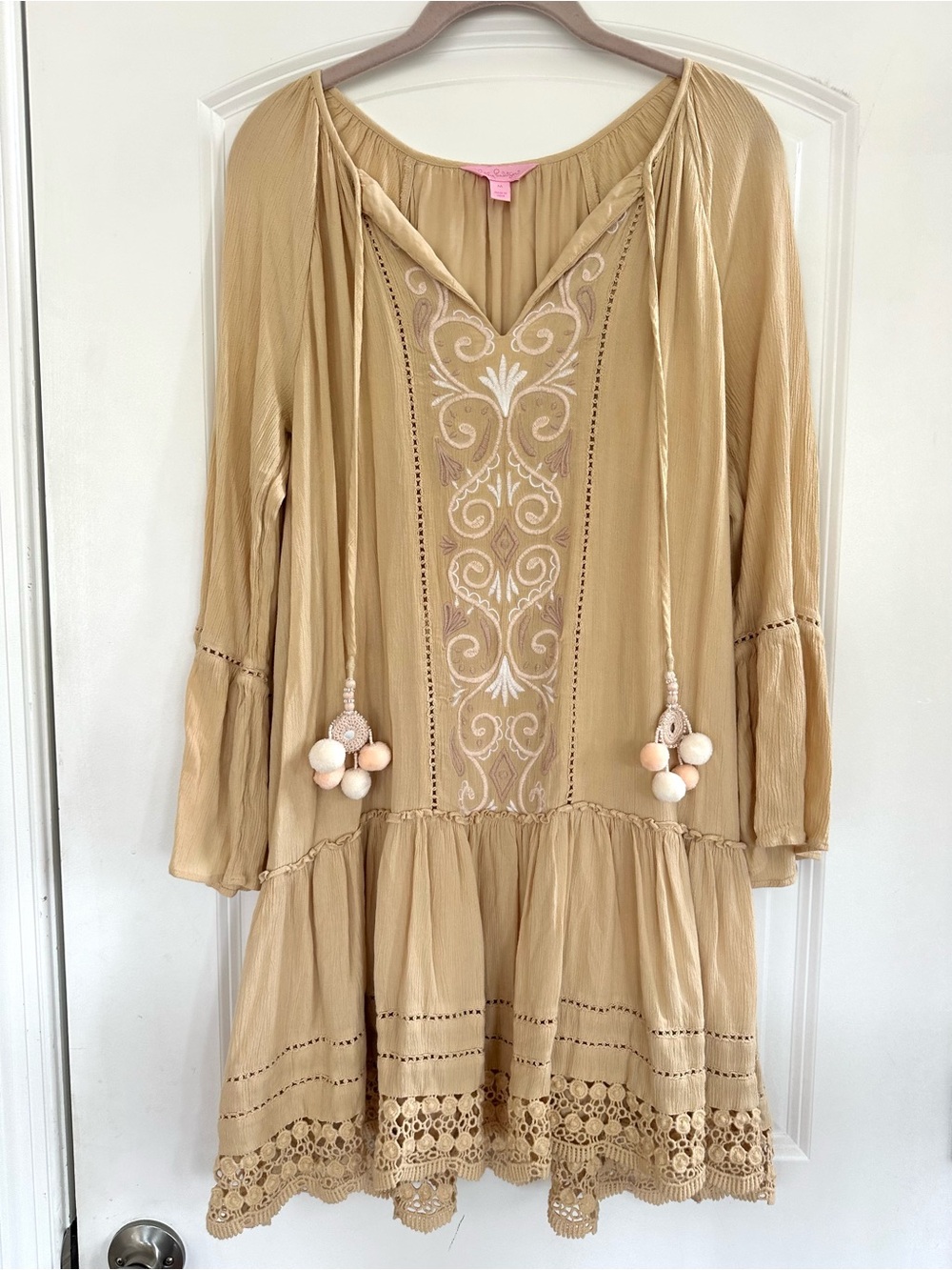 Lilly Pulitzer Percilla Tunic Dress in Sand Bar Embroidered Pom Lace Medium Boho